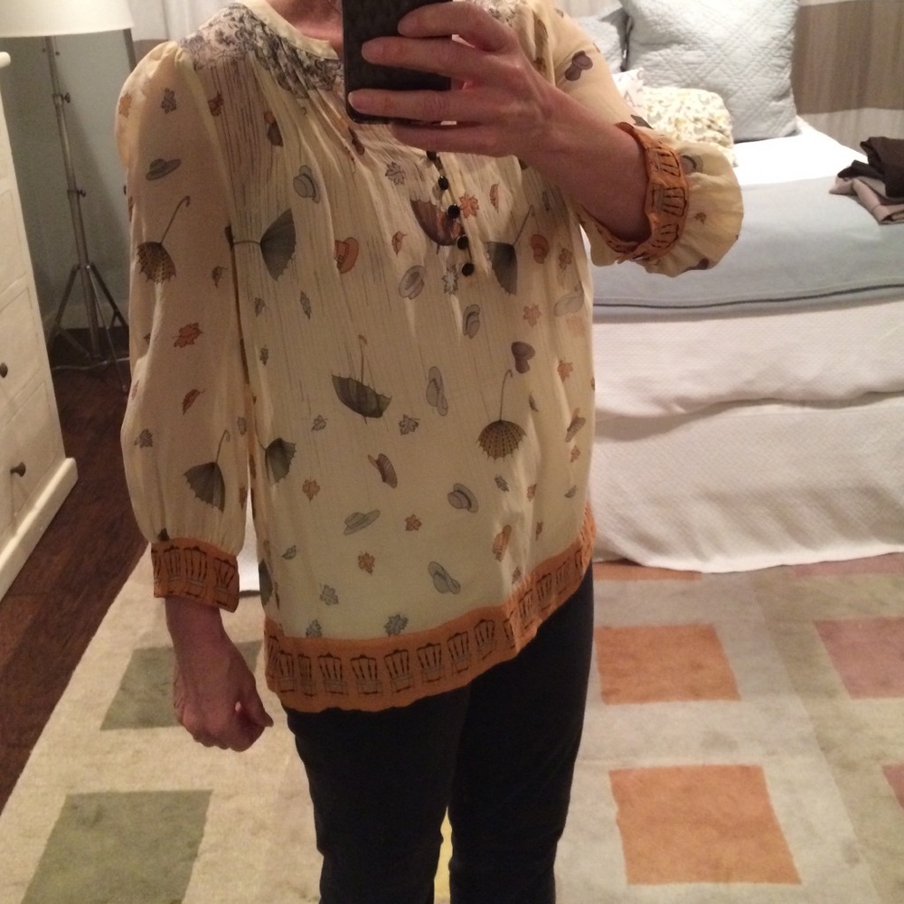 Anthropologie Sheer Cream Floral Print Peasant Blouse with Gold Trim